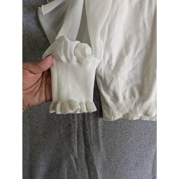 Sioni Milano Blouse‎ Womens Size L Ruffled Sheer Sleeve V-Neck Pullover Cream - Picture 7 of 8